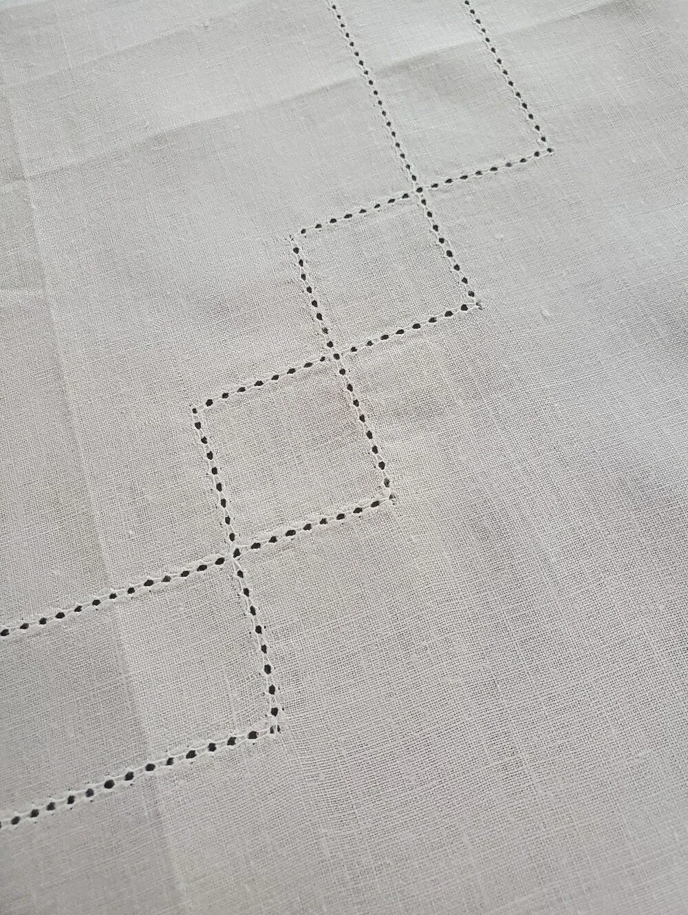 Vintage Pale Pink Open Work Hemstitched Linen Tablecloth 40